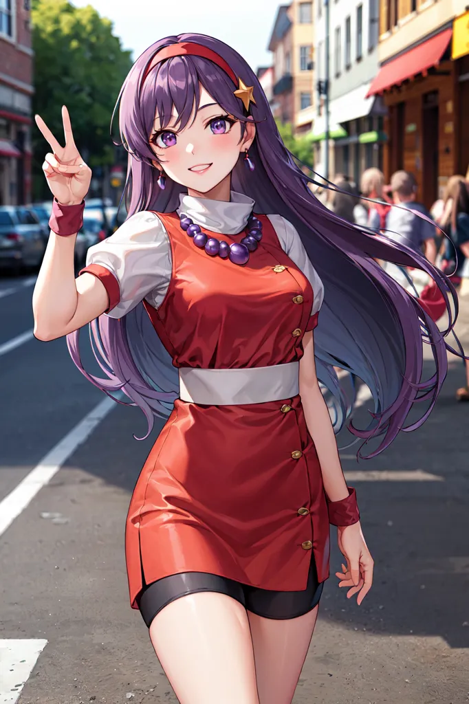 The image shows a young woman with purple hair and purple eyes. She is wearing a red and white dress with a white belt. She is also wearing black shorts and black boots. She is standing on a city street with cars and buildings in the background. She is smiling and has her right hand raised in the air in a peace sign.