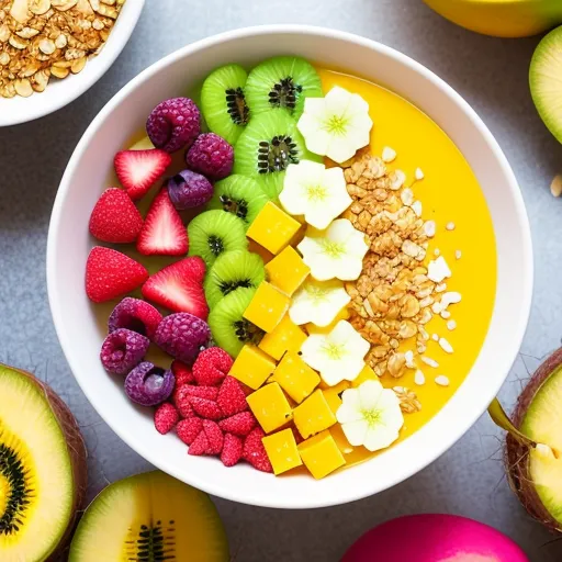 The image shows a white bowl filled with a yellow smoothie and topped with various fruits and granola. The fruits include raspberries, strawberries, blueberries, kiwi, and mango. The granola is arranged in a flower-like pattern around the edge of the bowl.