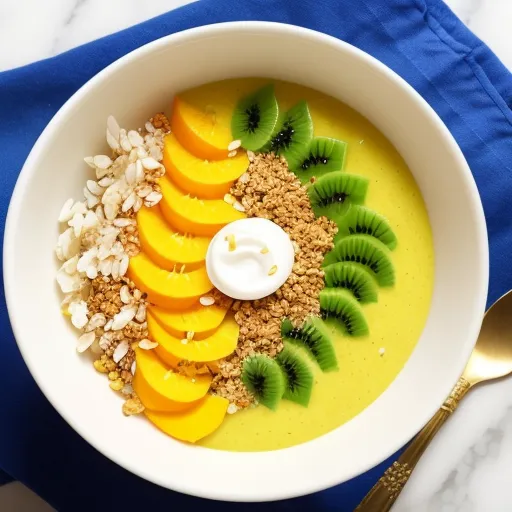 Il y a un bol blanc sur un linge bleu. Dans le bol, il y a un smoothie jaune surmonté de tranches de pêches et de kiwis. Il y a une boule blanche au centre du smoothie. Il y a aussi une portion de riz soufflé sur le côté gauche du bol.