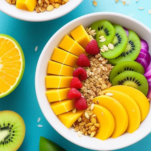 Hay un tazón blanco lleno de rodajas de mango amarillas, cuartos de kiwi verdes y frambuesas rojas. El tazón está sobre una mesa azul. Hay una rodaja de naranja y una rodaja de lima al lado del tazón.