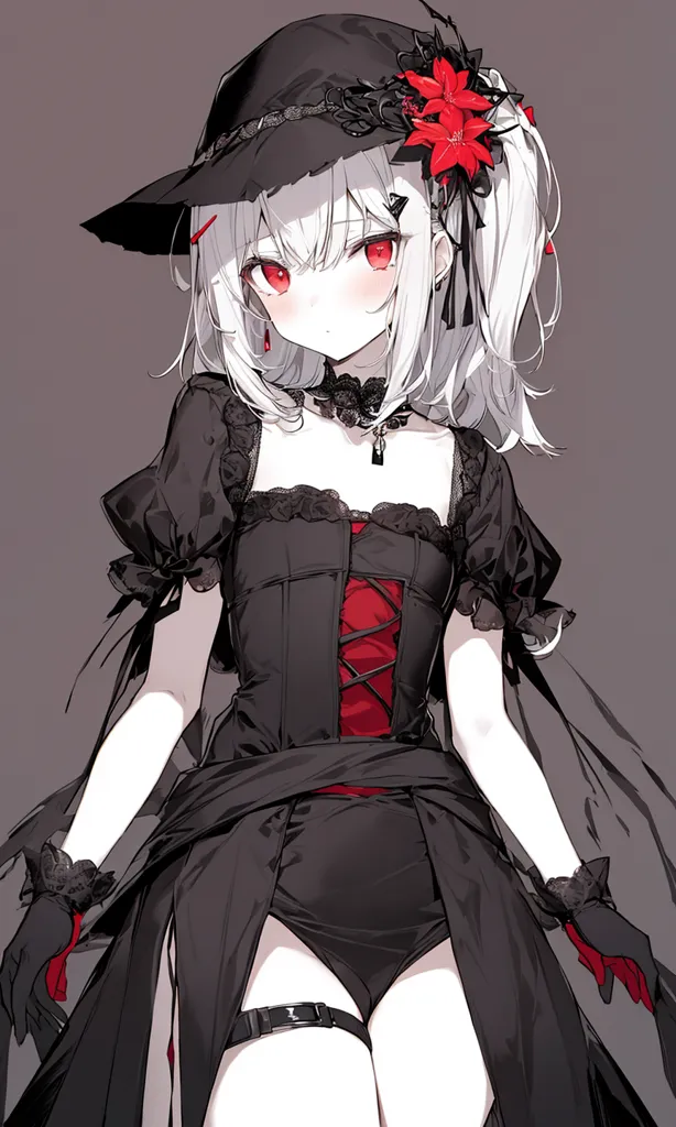 L'image représente une jeune fille de style anime aux cheveux blancs et aux yeux rouges. Elle porte une robe noire et rouge avec un corset et un long chapeau noir orné d'une fleur rouge. Elle porte également des gants noirs et un collier noir avec un joyau rouge au centre. Elle se tient dans un vide gris foncé avec une expression neutre sur le visage.