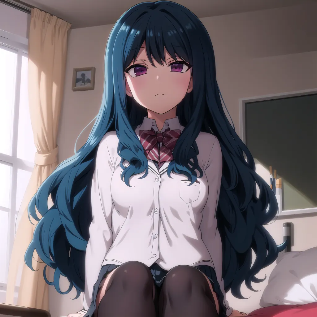 The image shows an anime girl with long blue hair and purple eyes. She is wearing a white shirt, a black vest, a red bow tie, and black stockings. She is sitting on a bed in a room with a window and a blackboard. The girl is looking at the viewer with a sad expression on her face.