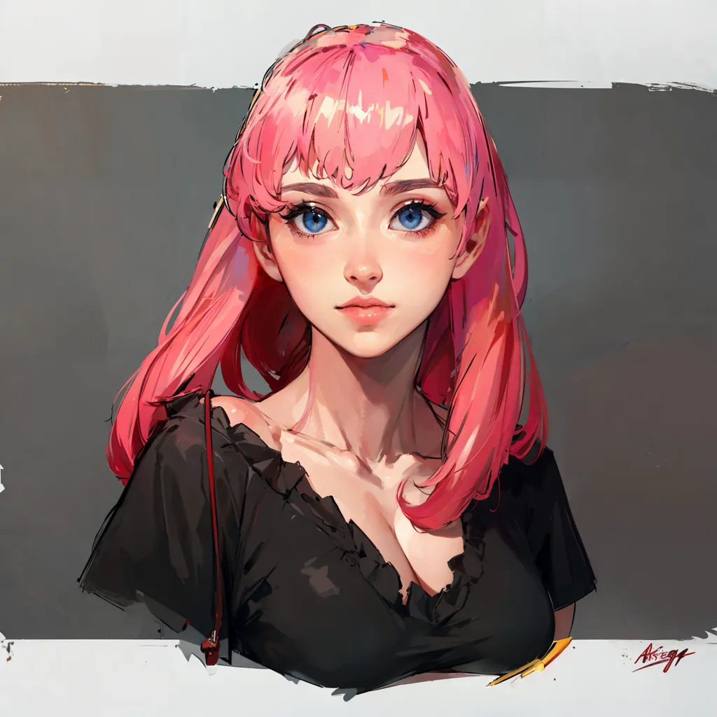 La imagen es una pintura digital de una mujer joven con el cabello rosa y ojos azules. Lleva una camisa negra con un escote bajo. La pintura está hecha en un estilo realista, y el artista ha prestado mucha atención al detalle. El cabello de la mujer está particularmente bien representado, y el artista ha utilizado una variedad de técnicas para crear una sensación de profundidad y textura. La expresión de la mujer es de calma y serenidad, y el efecto general de la pintura es de belleza y elegancia.