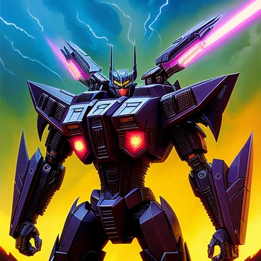 The image shows a giant robot standing in a heroic pose. The robot is primarily purple with grey and yellow highlights. It has a large cannon on each shoulder and several smaller guns on its arms. There are two large boosters on its back. The robot is standing in front of a yellow and orange background with storm clouds behind it.