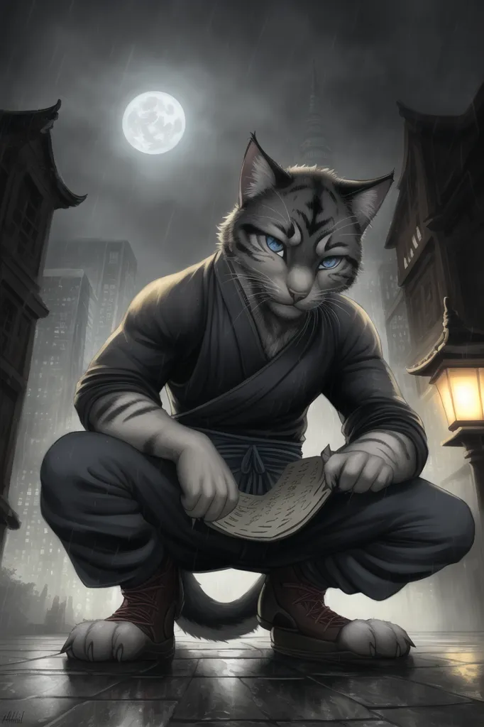 The image is a digital painting of a cat wearing a kimono. The cat is crouching on a rooftop in a city. The background is a dark cityscape with a full moon. The cat is looking at the viewer with a serious expression. It is holding a scroll in its paws. The cat is dressed in a black and gray kimono with a red obi. It is also wearing a pair of tabi socks and zori sandals. The cat's fur is gray and white. It has blue eyes and a black nose. The painting is done in a realistic style and the cat is depicted with great detail.