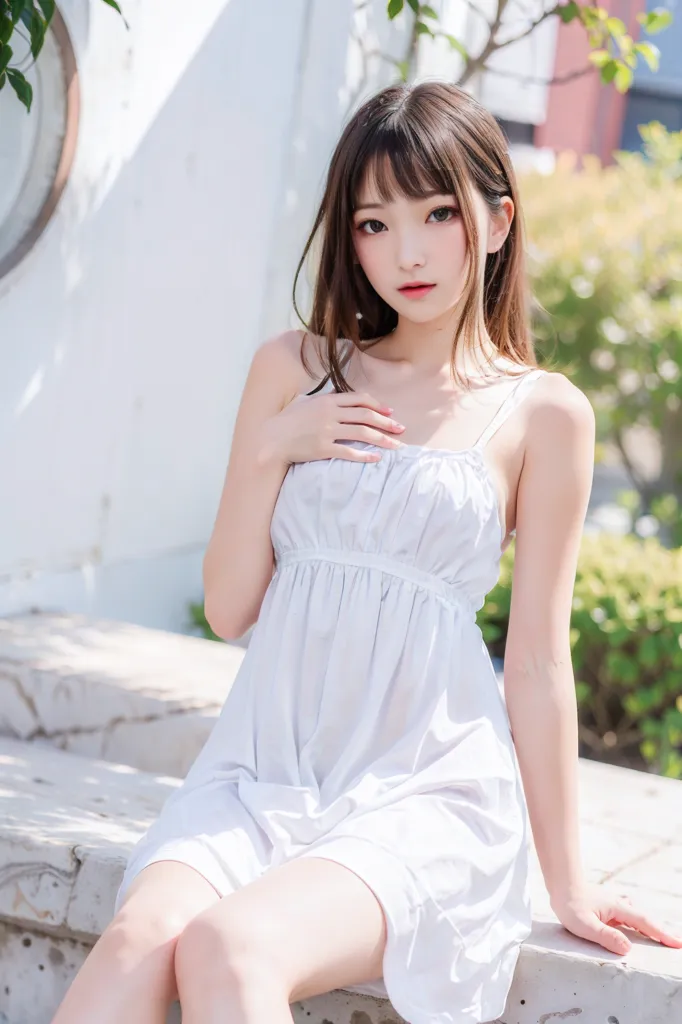 The image shows a young woman sitting on a stone bench. She is wearing a white dress with thin shoulder straps. The dress is short and loose-fitting, and it flares out at the bottom. The woman has long, dark hair that is parted in the middle and falls in loose waves around her face. Her skin is pale and flawless, and her eyes are a deep brown. She is sitting with her right leg crossed over her left, and her hands are resting on her lap. She is looking at the camera with a shy smile on her face.