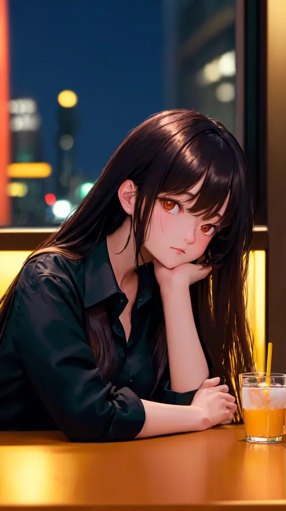 The image is a portrait of a young woman with long, dark hair and orange eyes. She is wearing a black shirt and is sitting at a table with a glass of orange juice in front of her. The background is a blurred cityscape at night. The woman is looking at the viewer with a slightly sad expression.