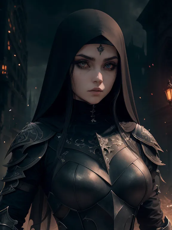 This is an image of a woman in a dark gray habit with a black hood. The hood is pulled back to reveal her pale face and dark blue eyes. She is wearing a black and gray breastplate with ornate silver trim. The breastplate has a symbol in the center that looks like a stylized flower or sun. She is also wearing a silver necklace with a small pendant in the center. Her hair is dark brown and it is pulled back into a bun. She has a serious expression on her face. She looks like she is a warrior or a member of a religious order.