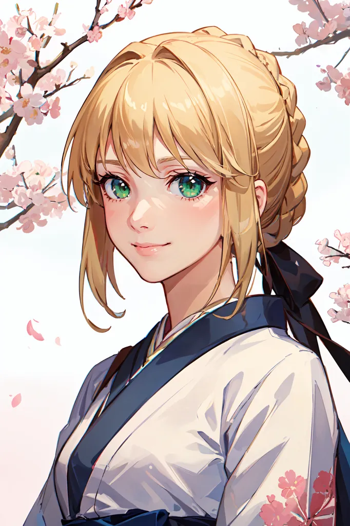 La imagen es un retrato de una mujer joven con cabello rubio largo y ojos verdes. Ella está usando un kimono japonés tradicional con un patrón azul y blanco. La mujer está de pie frente a un fondo blanco con una rama de flores de cerezo en el lado izquierdo de la imagen. Las flores de cerezo son de color rosa y blanco. La mujer tiene una sonrisa suave en su rostro.