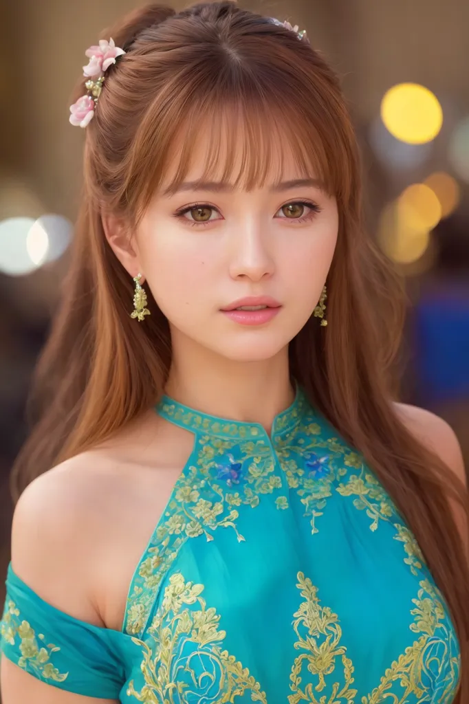 The image shows a young woman with long brown hair and bangs. She is wearing a blue halter top with gold and green floral embroidery. There are small pink flowers in her hair. The background is blurred with bokeh lights.