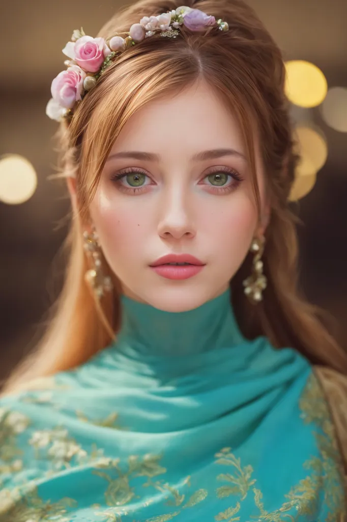 The image shows a young woman with long, wavy brown hair. She is wearing a blue dress with a high collar. The dress is decorated with gold embroidery. She is also wearing a necklace and earrings. The woman has green eyes and is wearing makeup. Her hair is pulled back and she has a flower crown on her head. She is standing in front of a blurred background.