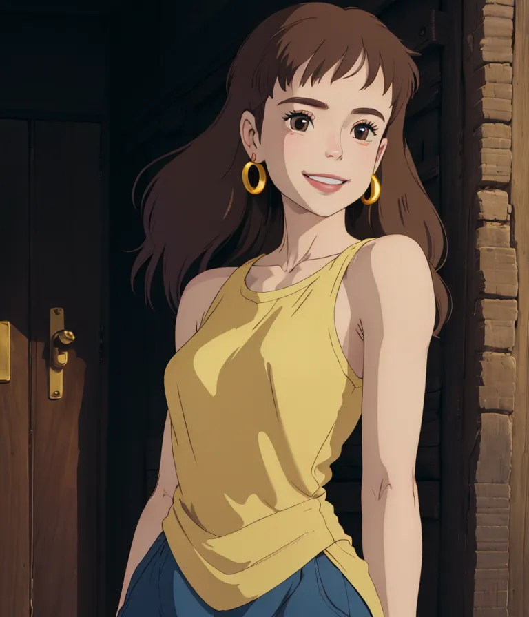 This is an image of a young woman with long brown hair and brown eyes. She is wearing a yellow tank top and blue jeans. She is standing in front of a door, and she has a smile on her face. The background is blurry, but it looks like there is a building behind her. The woman is drawn in an anime style, and she looks very realistic.