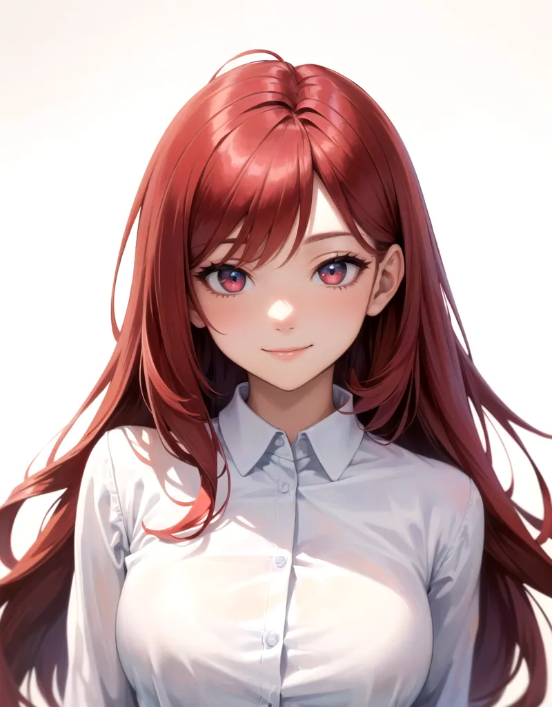 The image shows a young woman with long red hair and red eyes. She is wearing a white shirt and has a gentle smile on her face. Her hair is flowing in the wind and she has a soft, dreamy expression in her eyes.