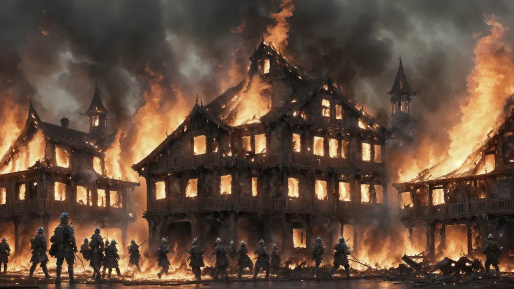 The image shows a town on fire. The buildings are made of wood and are burning fiercely. The flames are licking at the sky and the smoke is billowing upwards. The streets are deserted and there is no one to be seen. It looks like the town has been abandoned.