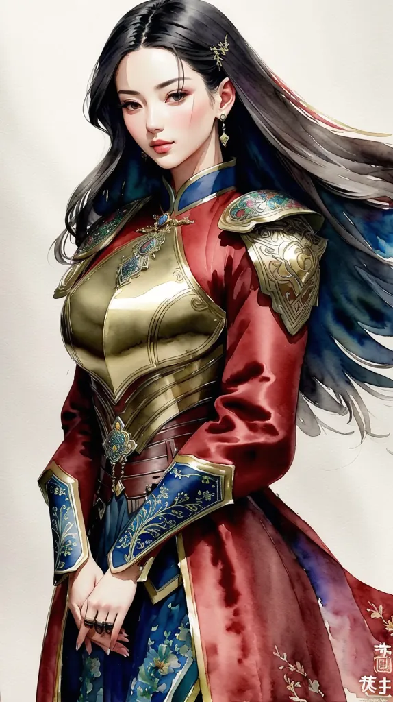 Ceci est une image d'une belle jeune femme vêtue d'une armure rouge et or. Elle a de longs cheveux noirs et des yeux bruns. Elle porte une cuirasse rouge et or avec des accents bleus. Elle porte également une jupe bleue avec des accents dorés. Elle se tient les mains devant elle. Elle a une expression confiante sur le visage.