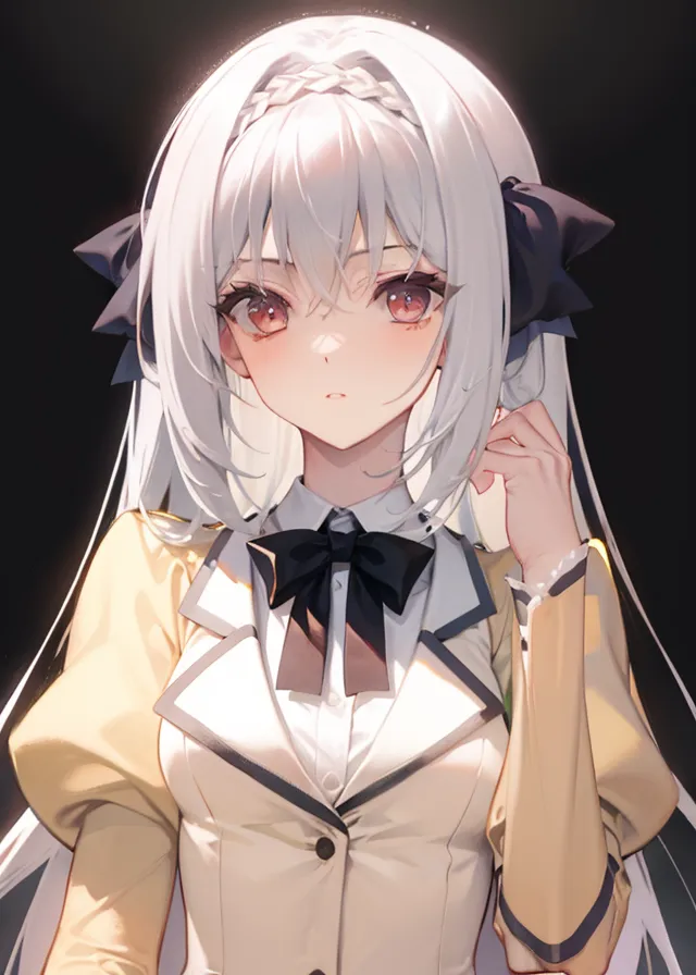 The image is a portrait of a young woman with long white hair and red eyes. She is wearing a white dress shirt with a yellow blazer. There is a black bow tie around her neck and a black ribbon in her hair. The background is dark.