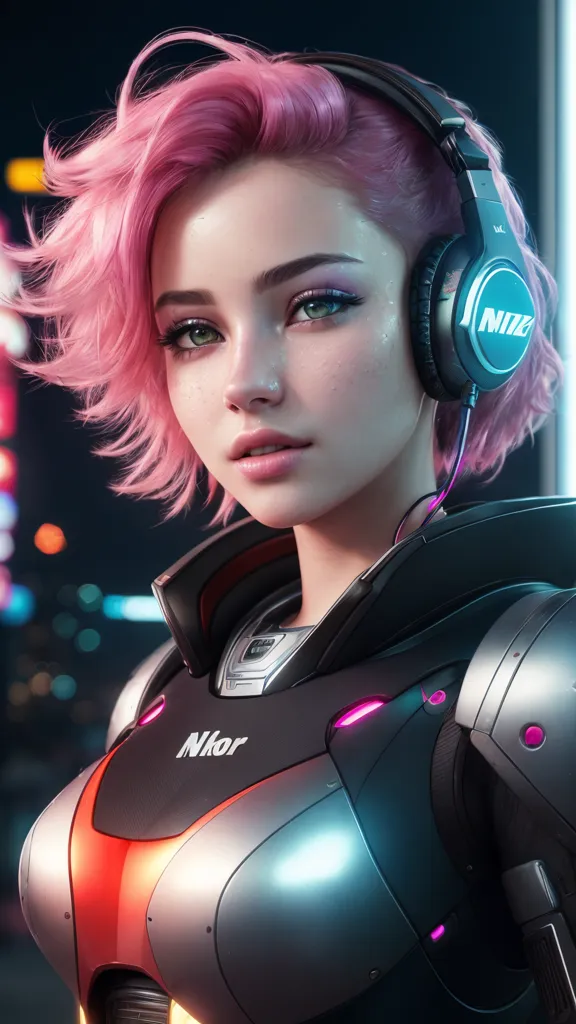 The image is of a young woman with pink hair and green eyes. She is wearing a black and gray suit of armor and a pair of headphones. The woman is standing in front of a dark background with a city in the distance. The image is rendered in a realistic style and the woman's expression is one of determination.