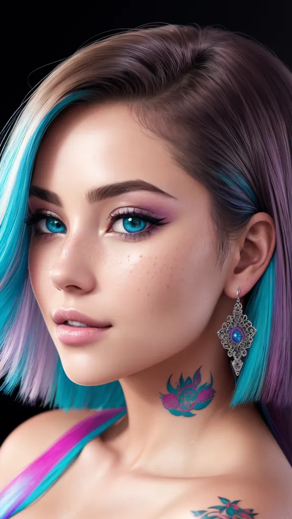 The picture shows a young woman with an artificial intelligence-generated face. She has short blue and purple hair, blue eyes, and a beauty mark on her right cheek. She is wearing a silver earring with a blue gem in her left ear and has a tattoo of a lotus flower on her neck. She is wearing a black shirt and has a confident expression on her face.