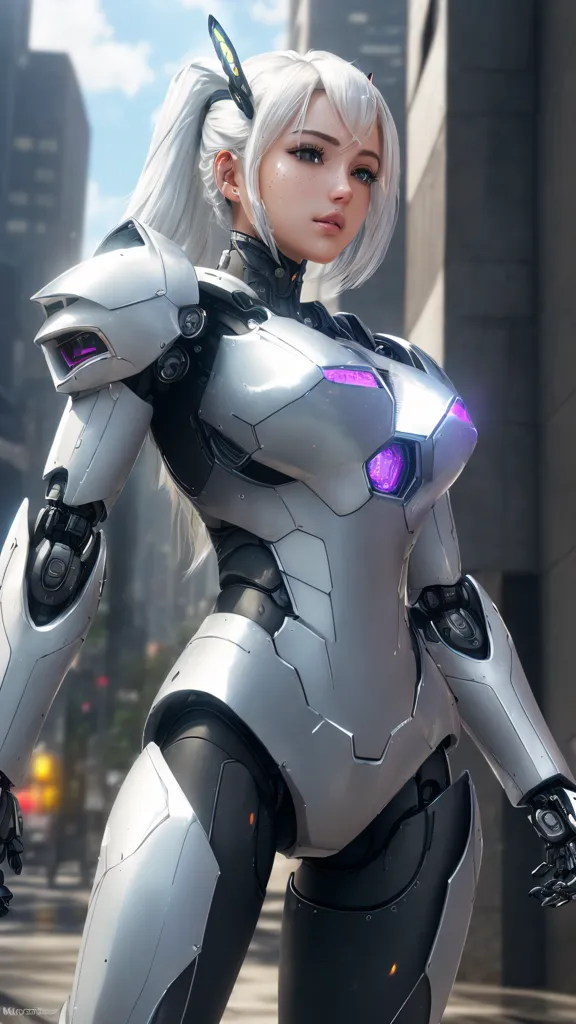 This is an image of a young woman standing in a city. She is wearing a white and gray bodysuit with a purple gem in the center of her chest. Her hair is white and pulled back in a ponytail. She has purple eyes and a serious expression on her face. She is standing in a city with tall buildings and a lot of traffic.