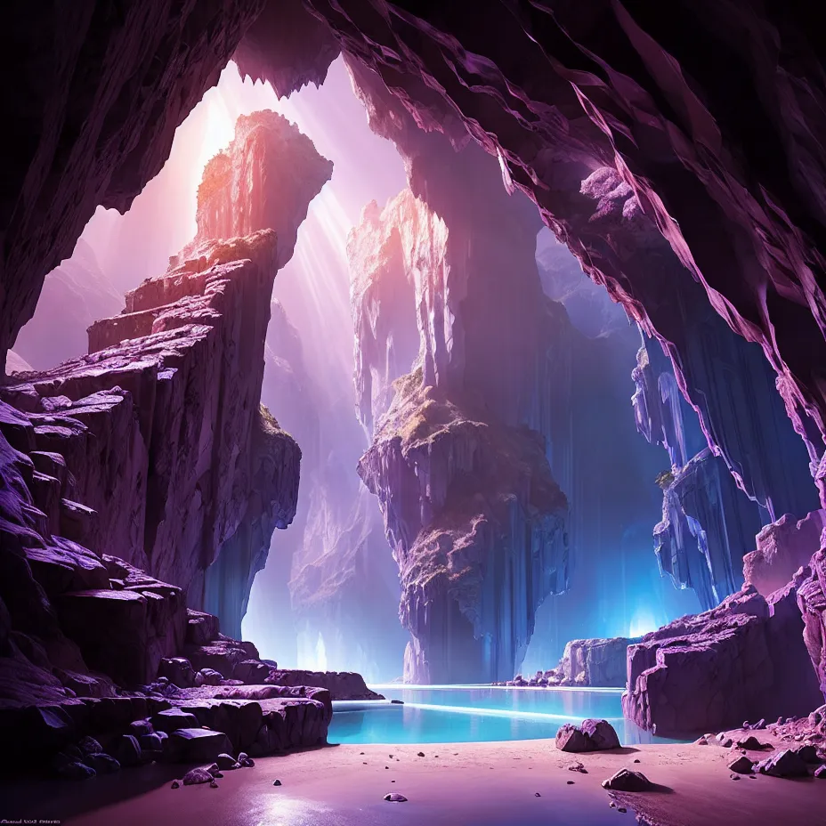 The image is a beautiful landscape of a cave with a beach and a body of water. The cave is lit by a bright light coming from the outside. The walls of the cave are covered in colorful crystals. The water in the cave is calm and clear. The beach is made of white sand. There are a few rocks on the beach. The image is very peaceful and serene.