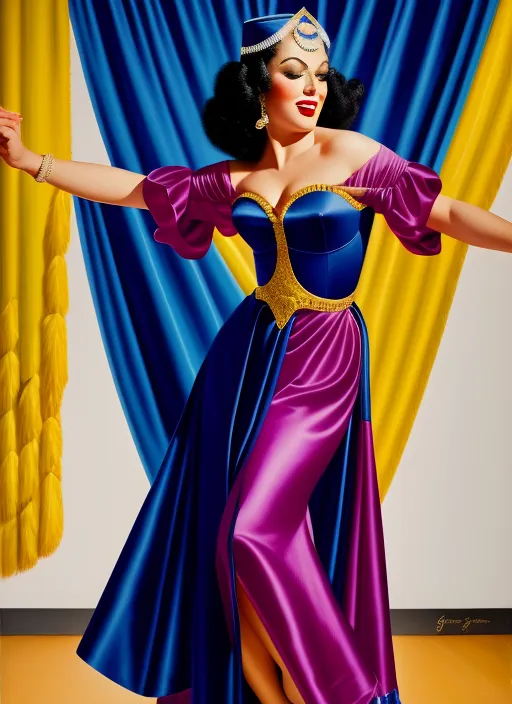 This is an image of a woman in an elaborate costume. She is wearing a blue and purple dress with a gold belt. There is a gold necklace around her neck and she has a gold headpiece on her head. She is standing in front of a blue curtain. She has a smile on her face and her arms are outstretched.