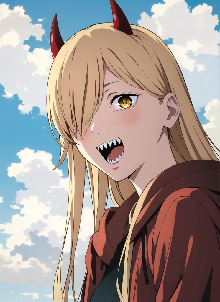 L'image est une illustration de style anime d'une jeune femme aux cheveux blonds et aux cornes rouges. Elle a un large sourire aux dents pointues sur le visage et regarde le spectateur avec ses yeux jaunes. Elle porte un sweat à capuche rouge avec un t-shirt vert clair en dessous. L'arrière-plan est un ciel bleu avec des nuages blancs.