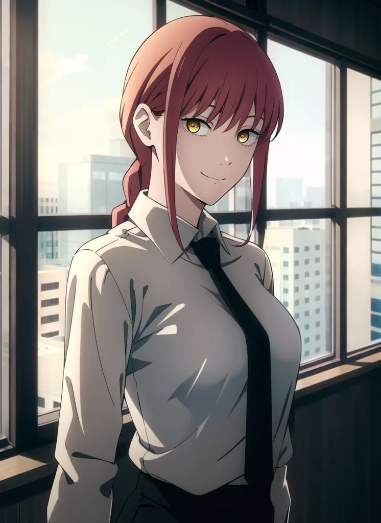 This is an image of a young woman with reddish brown hair and yellow eyes. She is wearing a white dress shirt with a black tie and dark pants. She is standing in front of a window, and there is a building in the background. The woman has a confident expression on her face.