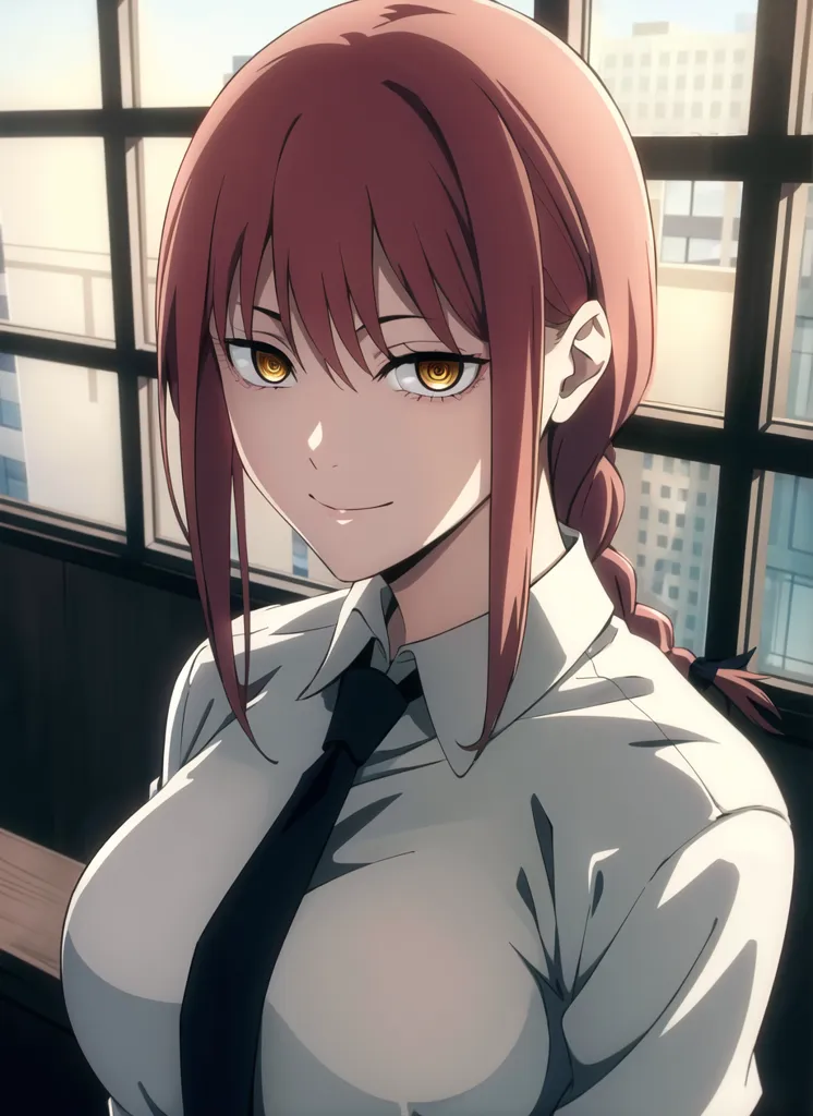 The image shows a young woman with long red hair and yellow eyes. She is wearing a white shirt and a black tie. She has a confident smile on her face. She is standing in front of a window. There are buildings in the background.