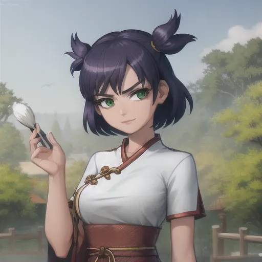 The image shows a young woman with purple hair and green eyes. She is wearing a white shirt with a red sash and has her hair tied up in two buns. She is holding a brush in her right hand. The background is a blurred landscape with trees and a river. The woman has a confident expression on her face and seems to be ready to paint.