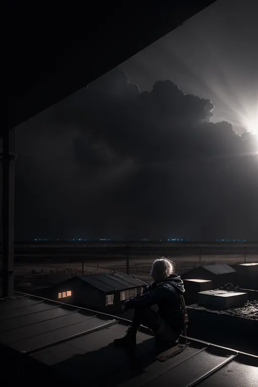 The image is in black and white. It shows a person sitting on the edge of a building, looking out at a dark and stormy sky. The person is wearing a jacket and has short hair. The only light comes from a few small windows in the distance. The image is full of mystery and suspense. It is unclear what the person is doing or what they are looking at. The dark and stormy sky suggests that something bad is about to happen. The image is a still frame from an anime.