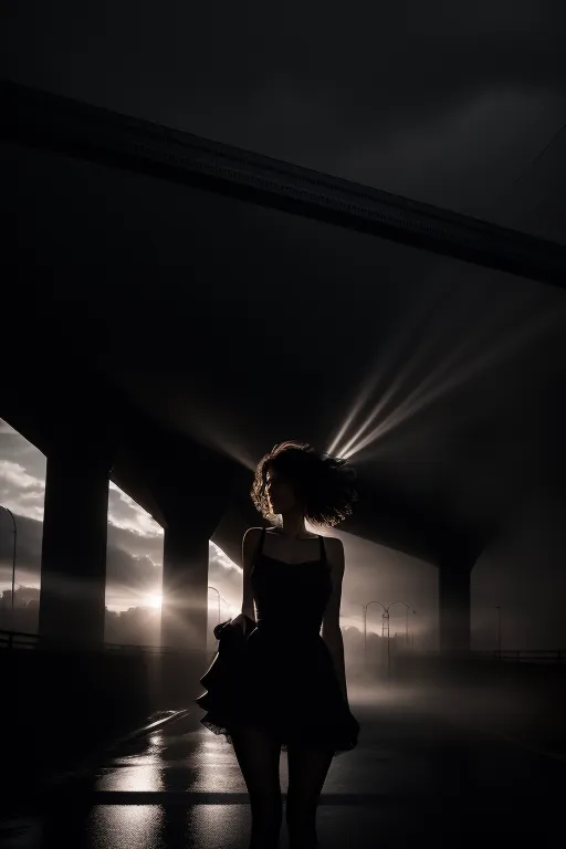 The image is in black and white. A woman is walking in the rain. She is wearing a black dress. Her hair is blowing in the wind. She is walking under a bridge. The bridge is dark and in shadow. The light from the sky is shining down on her. The image is very dramatic and full of contrast.