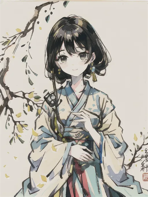 La imagen es de una mujer joven con un kimono. Tiene el cabello negro y largo y ojos marrones. Está de pie frente a un árbol de sauce. El árbol tiene ramas largas y colgantes y hojas amarillas. La mujer lleva un kimono blanco con un obi azul. Sujeta el obi con su mano derecha. Tiene una sonrisa suave en su rostro. La imagen está dibujada en un estilo realista. Los colores son suaves y apagados. La imagen tiene una atmósfera pacífica y serena.