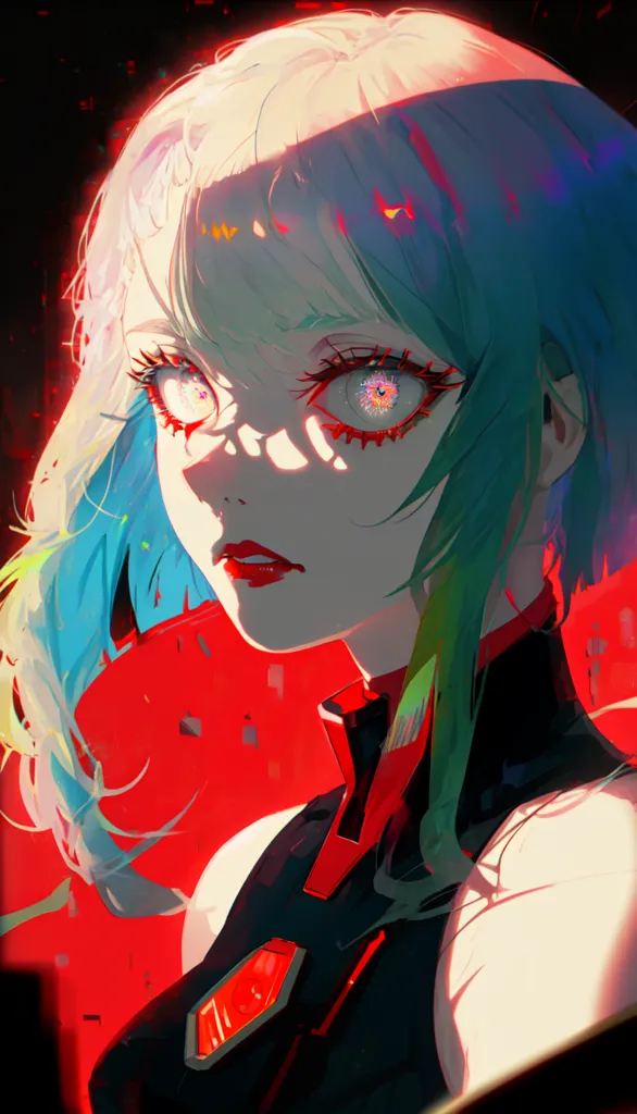 This is an image of a woman with blue and white hair. Her eyes are red with a hint of yellow and she has black eyeliner and red lipstick on. She is wearing a black turtleneck-style shirt with red and white details. The background is red with white and yellow highlights.