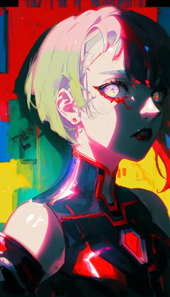 The image is a portrait of a young woman with short hair. The left side of her head and face is painted green and yellow, while the right side is painted red. She has one earring in her left ear. She is wearing a black choker and a black and red bodysuit. The background is a bright yellow, with a blue square in the top left corner. The woman's eyes are glowing white, and she has a small red tattoo on her right cheek. She is looking at the viewer with her head tilted down at an angle.