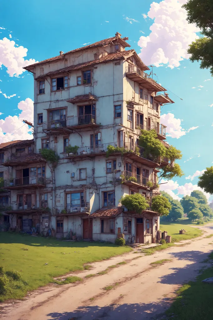 La imagen muestra un edificio de apartamentos alto y blanco con un techo marrón. El edificio está en mal estado, con ventanas rotas y cubierto de enredaderas. Hay tendederos colgados de los balcones y algunos árboles frente al edificio. El cielo es azul y hay algunas nubes a lo lejos. La imagen tiene una atmósfera cálida y acogedora.