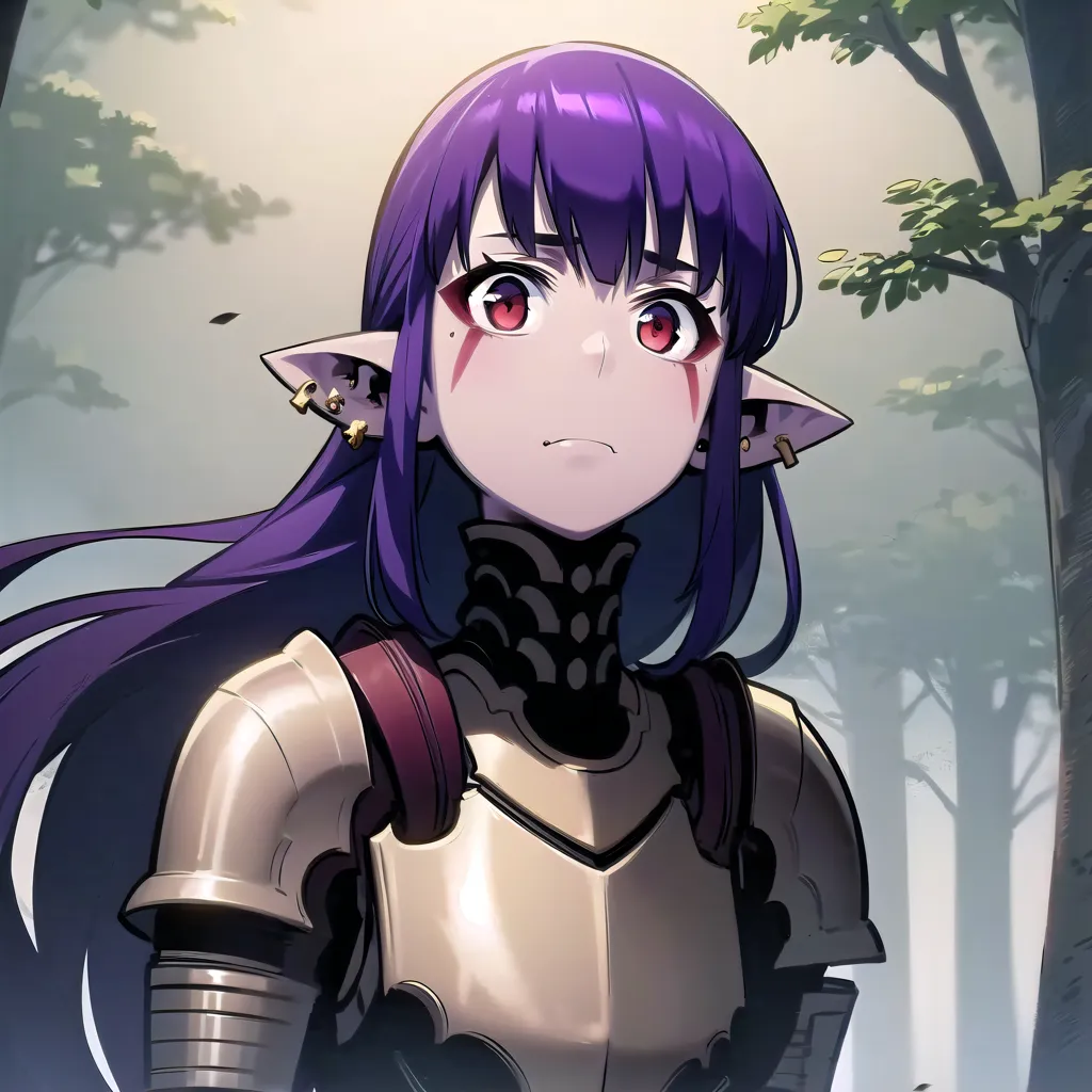 The image is of a young woman with purple hair and red eyes. She is wearing a suit of armor and has a sword at her side. She is standing in a forest and looks to be on guard.