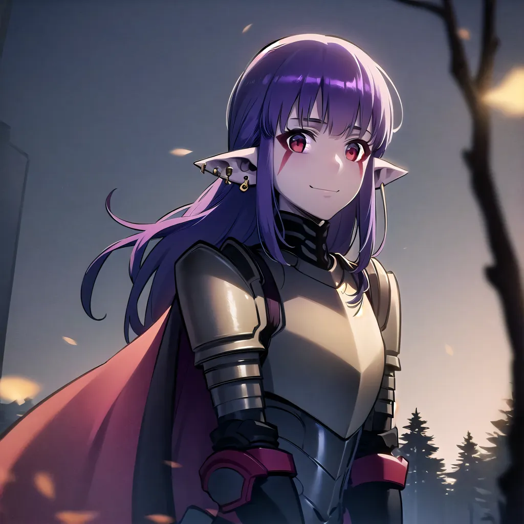 La imagen es de una chica de anime con el cabello morado y ojos rojos. Lleva una armadura plateada y roja, y tiene una capa roja. Está de pie en un bosque y hay hojas cayendo a su alrededor.