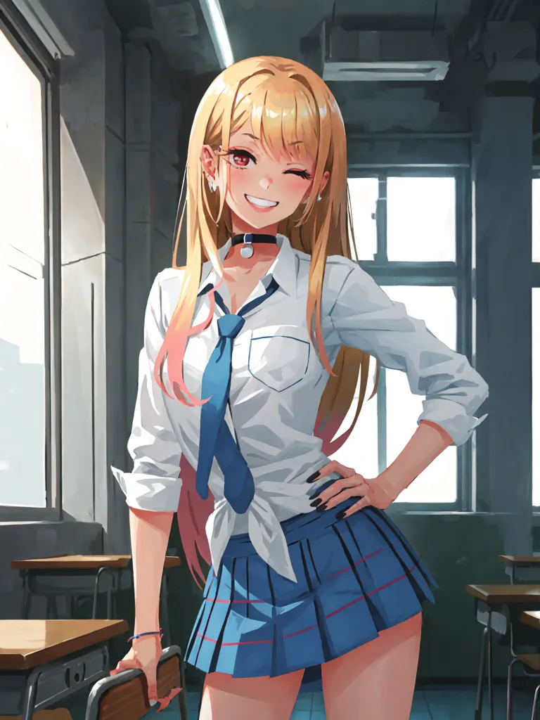 The image is of a young woman with long blonde hair and pink-tipped hair. She is wearing a white button-down shirt, a blue tie, and a pleated skirt. She has a black choker around her neck. She is standing in a classroom, with her left hand on her hip and her right hand holding the back of a chair. She has a playful expression on her face and is winking at the viewer.