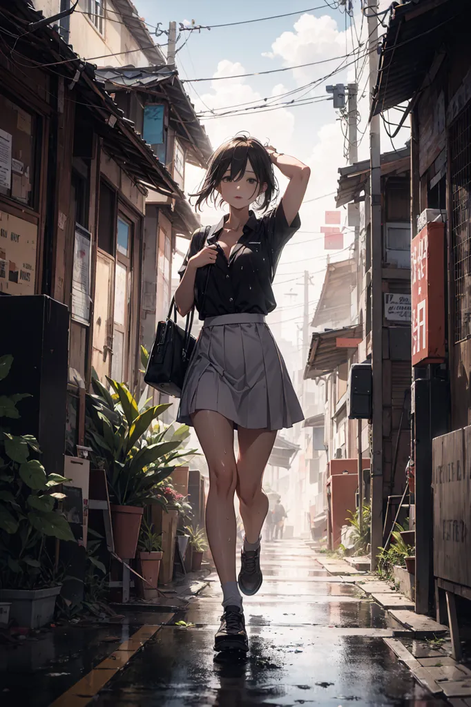 The image is a painting of a young woman walking down a narrow street in a traditional Japanese town. The woman is wearing a black short-sleeved shirt, a gray pleated skirt, and brown shoes. She has a black handbag and is holding her hair with her right hand. The street is lined with traditional Japanese houses and shops. The sky is cloudy and the ground is wet from the rain.