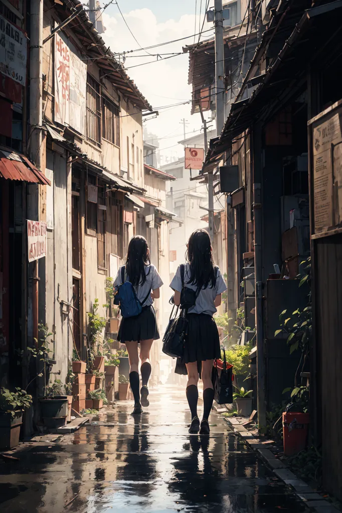 The image is of two girls in school uniforms walking down a narrow alleyway. The alleyway is lined with old buildings and there are plants growing in pots on either side. The girls are both wearing backpacks and carrying bags. The girl on the left has black hair and the girl on the right has brown hair. They are both wearing white shirts, black skirts, and black knee-high socks. The girl on the left is wearing a blue sweater vest and the girl on the right is wearing a gray sweater vest. The ground is wet from the rain and the sunlight is shining through the clouds.