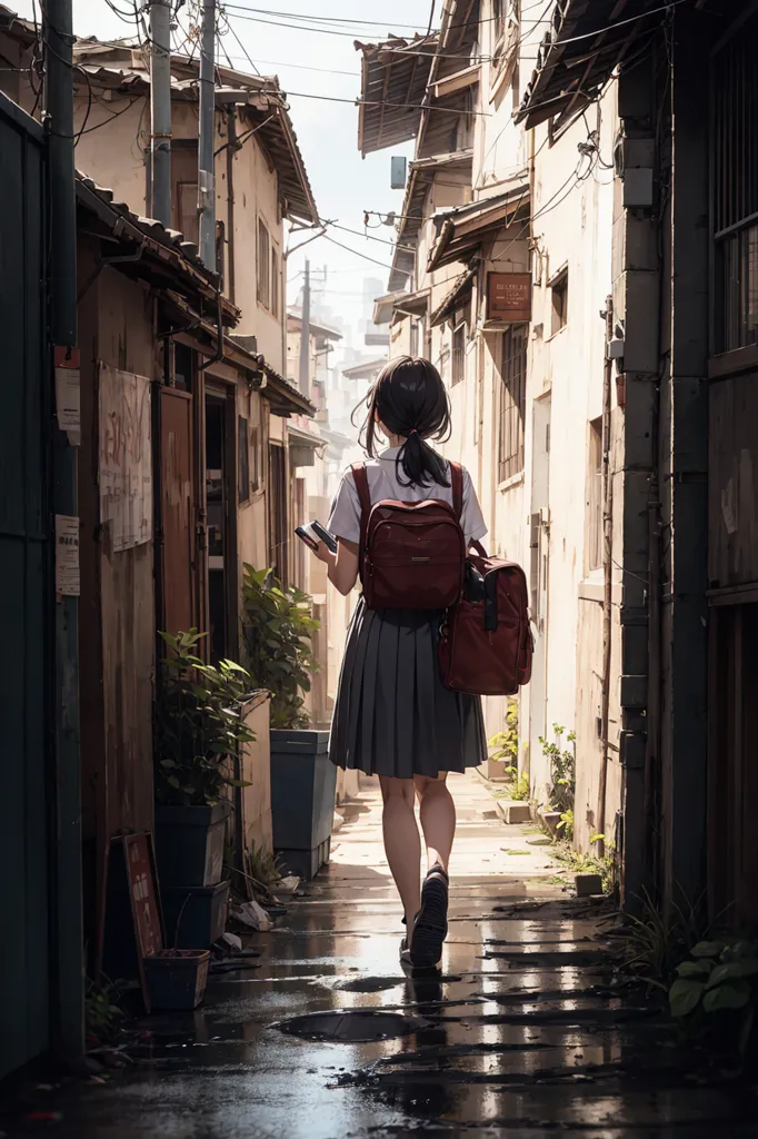 The image shows a girl walking down a narrow alleyway. The girl is wearing a gray skirt, white shirt, and red backpack. She has her phone in her hand. The alleyway is lined with old buildings, many of which are in disrepair. The ground is wet from rain.