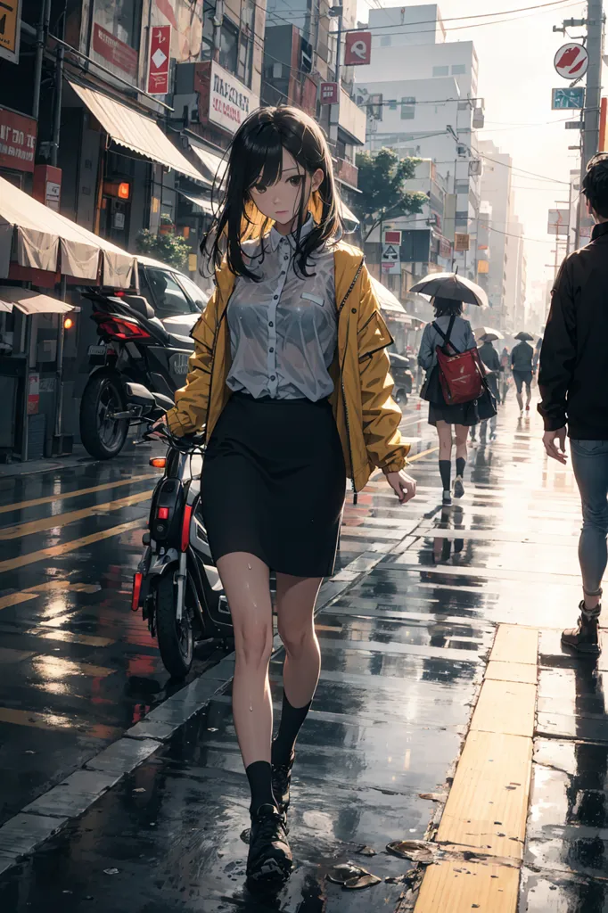 The image is a depiction of a young woman walking down a city street on a rainy day. She is wearing a yellow raincoat, a white shirt, a black skirt, and black boots. She is carrying a black bag and has an umbrella in her left hand. The street is lined with buildings and shops, and there are people walking in the background. The image is done in a realistic style, and the colors are muted and natural. The overall tone of the image is one of peace and tranquility.