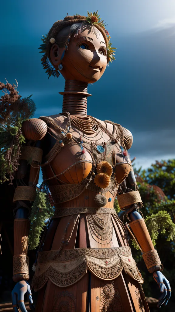 Esta es una imagen de una estatua de madera de una mujer. La estatua está tallada con gran detalle y está pintada en colores brillantes. La mujer lleva un tocado tradicional y tiene flores en el cabello. También lleva un collar y una falda. La estatua se encuentra de pie en un bosque y está rodeada de árboles. El fondo es un cielo azul con nubes blancas.