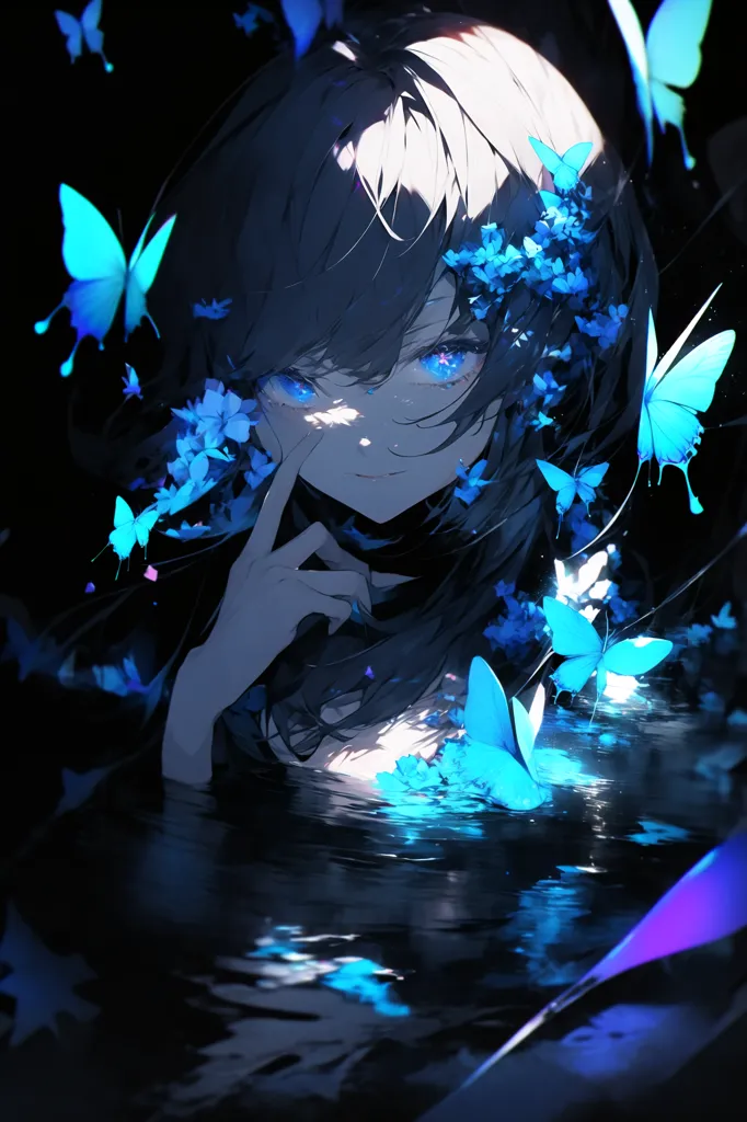 The picture shows a girl with long black hair and blue eyes. She is partially submerged in dark water, with her head and shoulders emerging from the surface. The girl's expression is one of serenity, with her eyes closed and her lips slightly parted. Her hair is adorned with several blue flowers, and there are also blue butterflies fluttering around her head. The background of the picture is dark, with a deep blue color that fades to black at the edges.