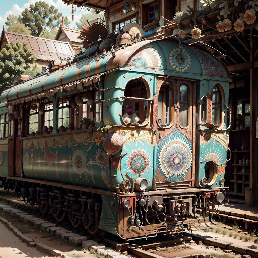 The image shows a colorful and whimsical train. The train is painted in bright colors and decorated with flowers and other natural elements. It has a large, round window at the front and several smaller windows on the sides. There is a door on the side of the train. The train is surrounded by trees and flowers, and there is a small station in the background.