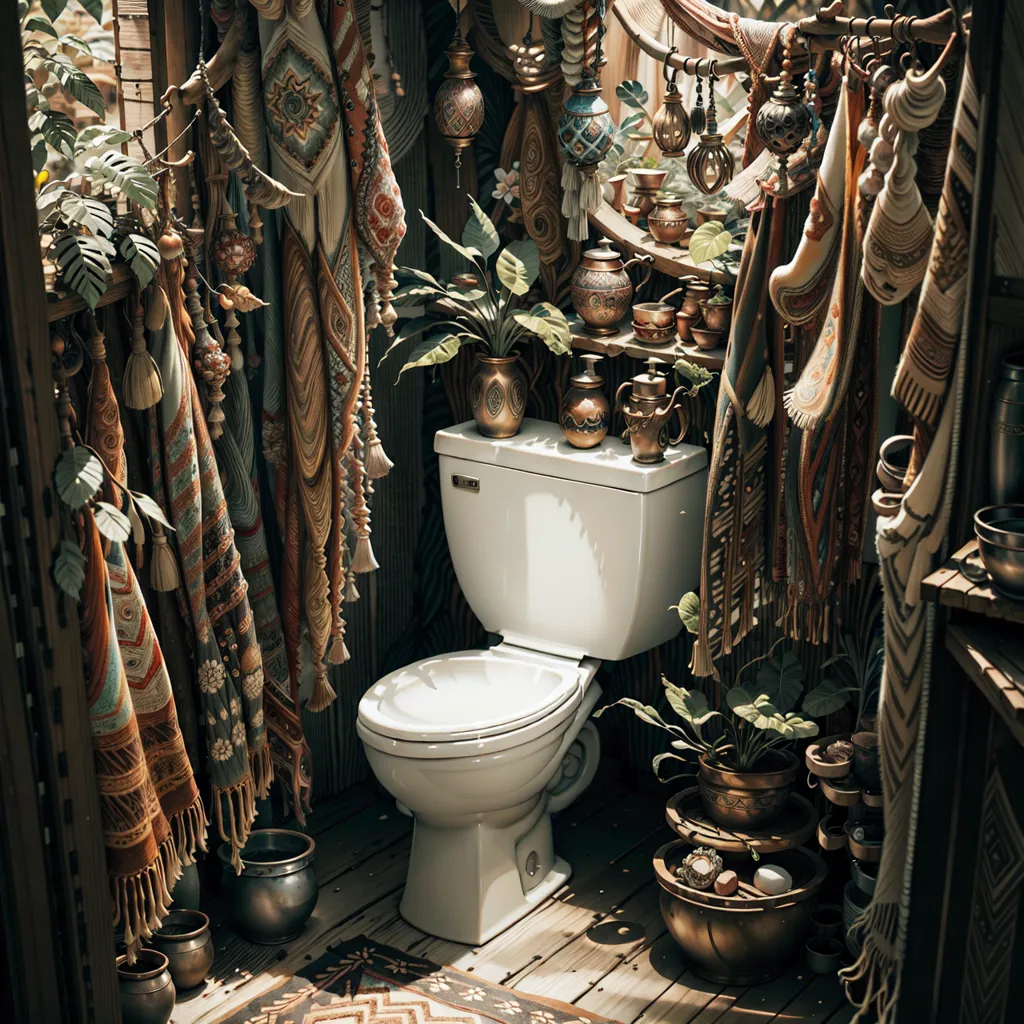 L'image montre des toilettes dans une pièce aux murs et au sol en bois. Il y a une grande fenêtre sur le côté gauche de la pièce et une porte sur le côté droit. Les toilettes sont situées au centre de la pièce. Il y a plusieurs plantes et fleurs dans la pièce, ainsi que de nombreuses tapisseries colorées et d'autres décorations. Le style général de la pièce est bohème et éclectique.