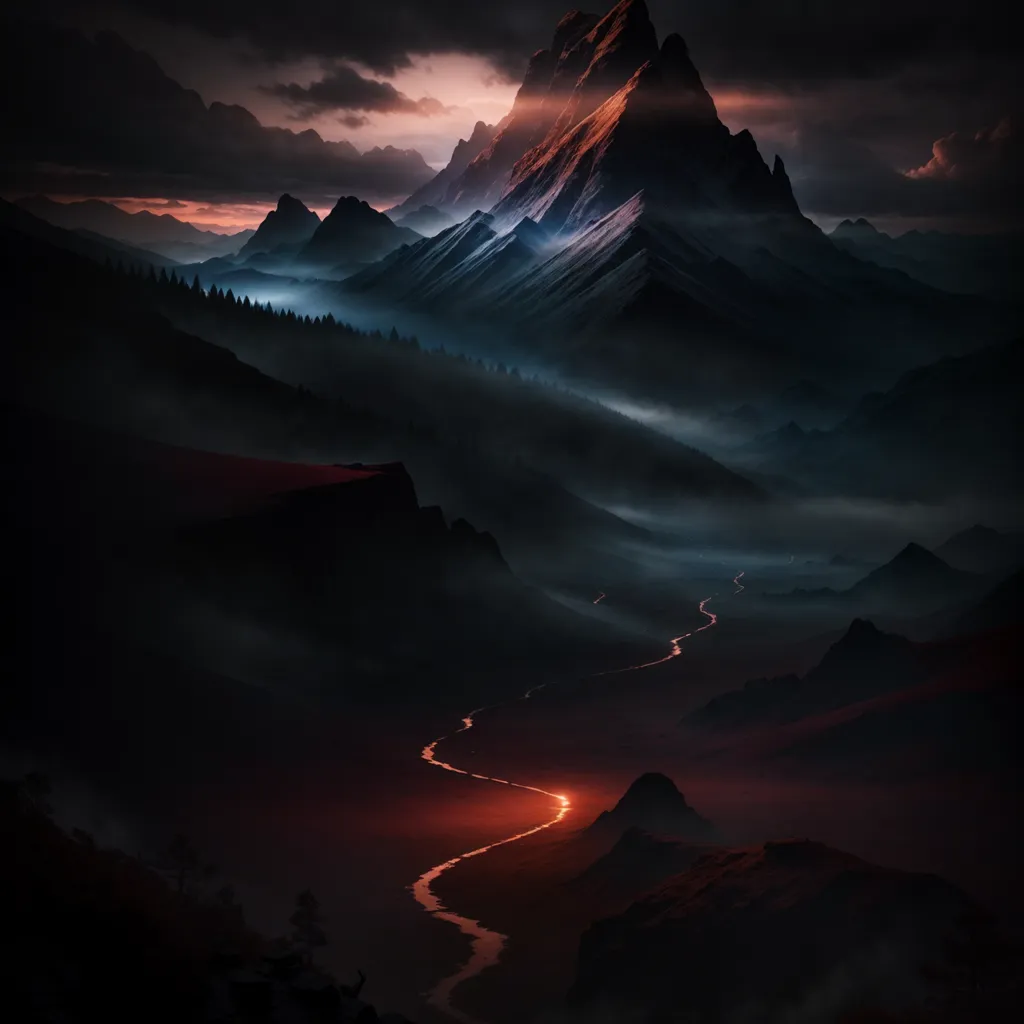 The image is a dark fantasy landscape. There is a tall, snow-capped mountain in the distance, and a river of lava flowing through the foreground. The sky is dark and cloudy, and there are some trees on the side of a mountain in the foreground. The image is very atmospheric and has a sense of mystery and danger.