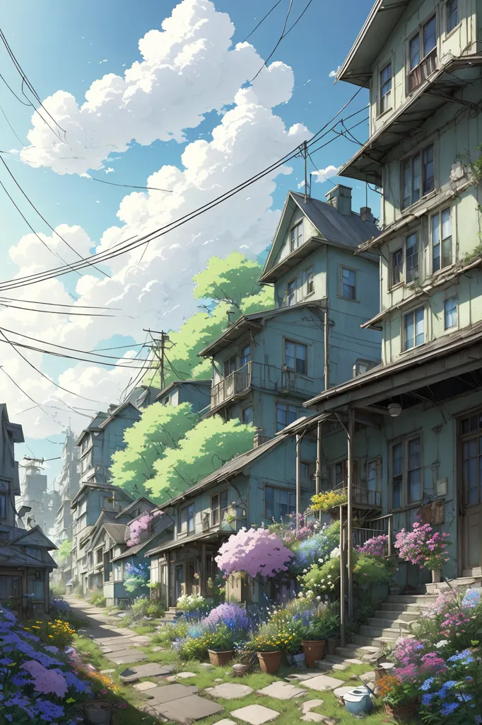 The image is a street scene in an urban area. The sky is blue and cloudy, and the sun is shining. There are a number of trees and plants along the street, and the buildings are mostly made of wood and have a lot of flowers on their porches. The street is made of cobblestones. There are a few people walking around, and there are some bicycles parked along the street. The overall atmosphere of the image is peaceful and pleasant.