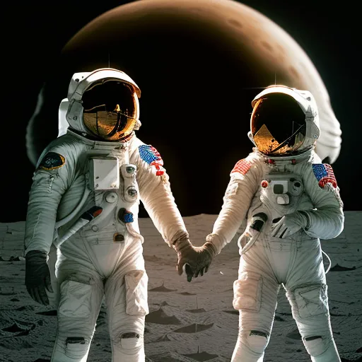 Esta es una imagen de dos astronautas en la luna. Ambos llevan trajes espaciales blancos y tienen puestos los cascos. Están tomados de la mano. En el fondo, hay una luna grande. La luna es de color naranja y tiene muchos cráteres. La imagen es muy realista y parece una fotografía.