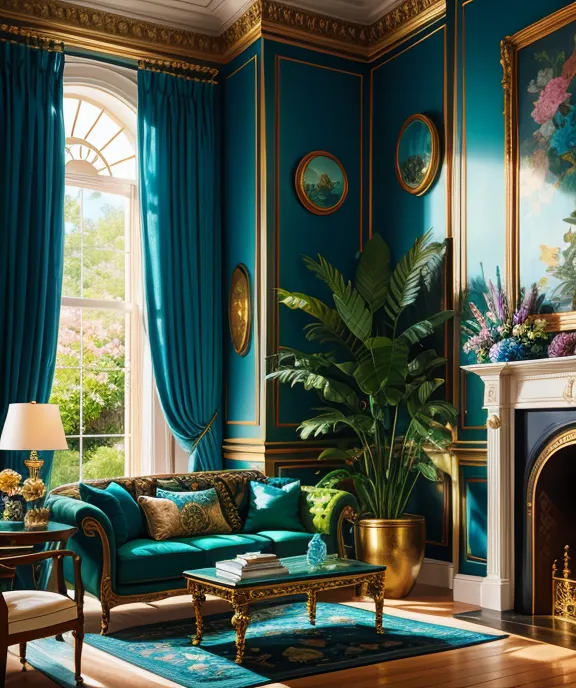 The image shows a living room with dark blue walls and gold trim. There is a large window with blue curtains, a fireplace, and a sofa with two chairs. There is also a plant in the corner of the room. The room is decorated with paintings and sculptures.